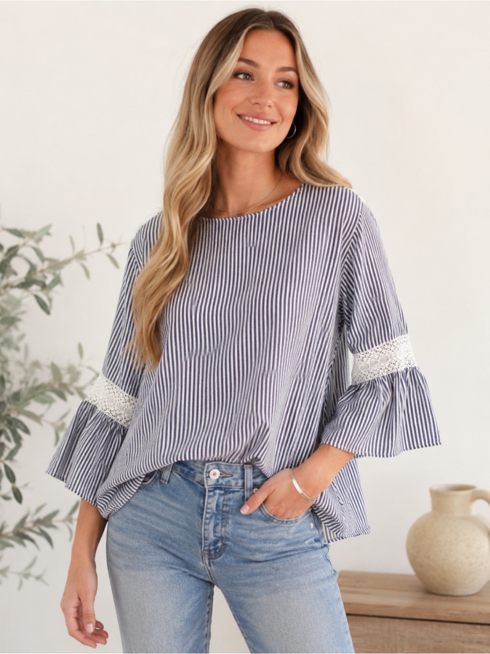 Jane and Delancey Navy & White Striped Bell Sleeve Tunic with Lace Trim 3x